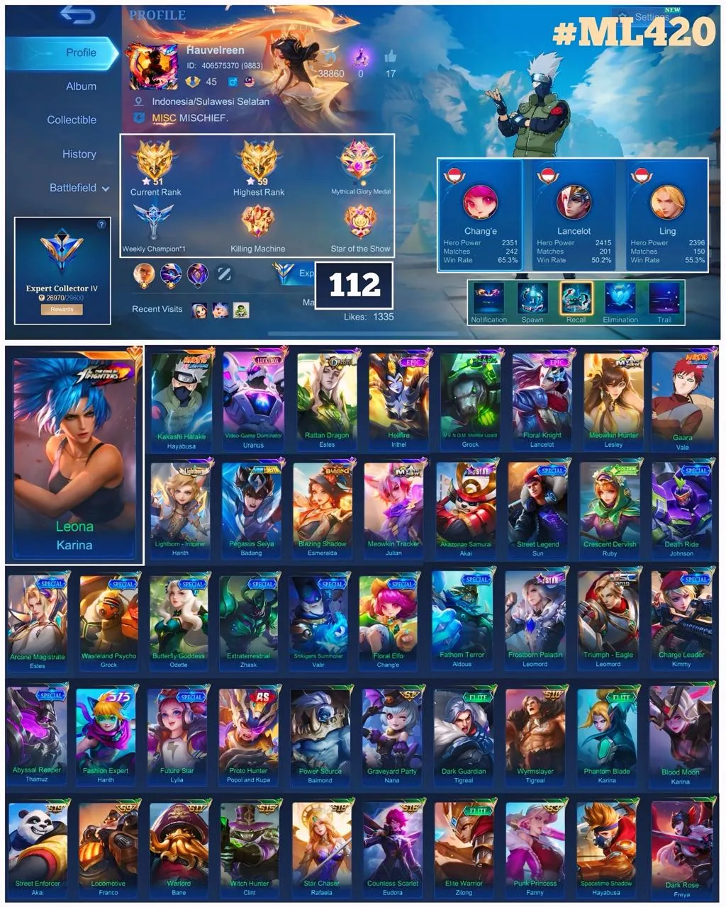 ML 420⚡️Kof Karina⚡️Naruto Hayabusa Vale⚡️Luckybox Uranus⚡️Dragon Estes⚡️Epic Irithel⚡️Mystic Lesley Julian⚡️Venom Grock⚡️Lightborn Harith⚡️Seint Badang⚡️Blazing Esmeralda⚡️